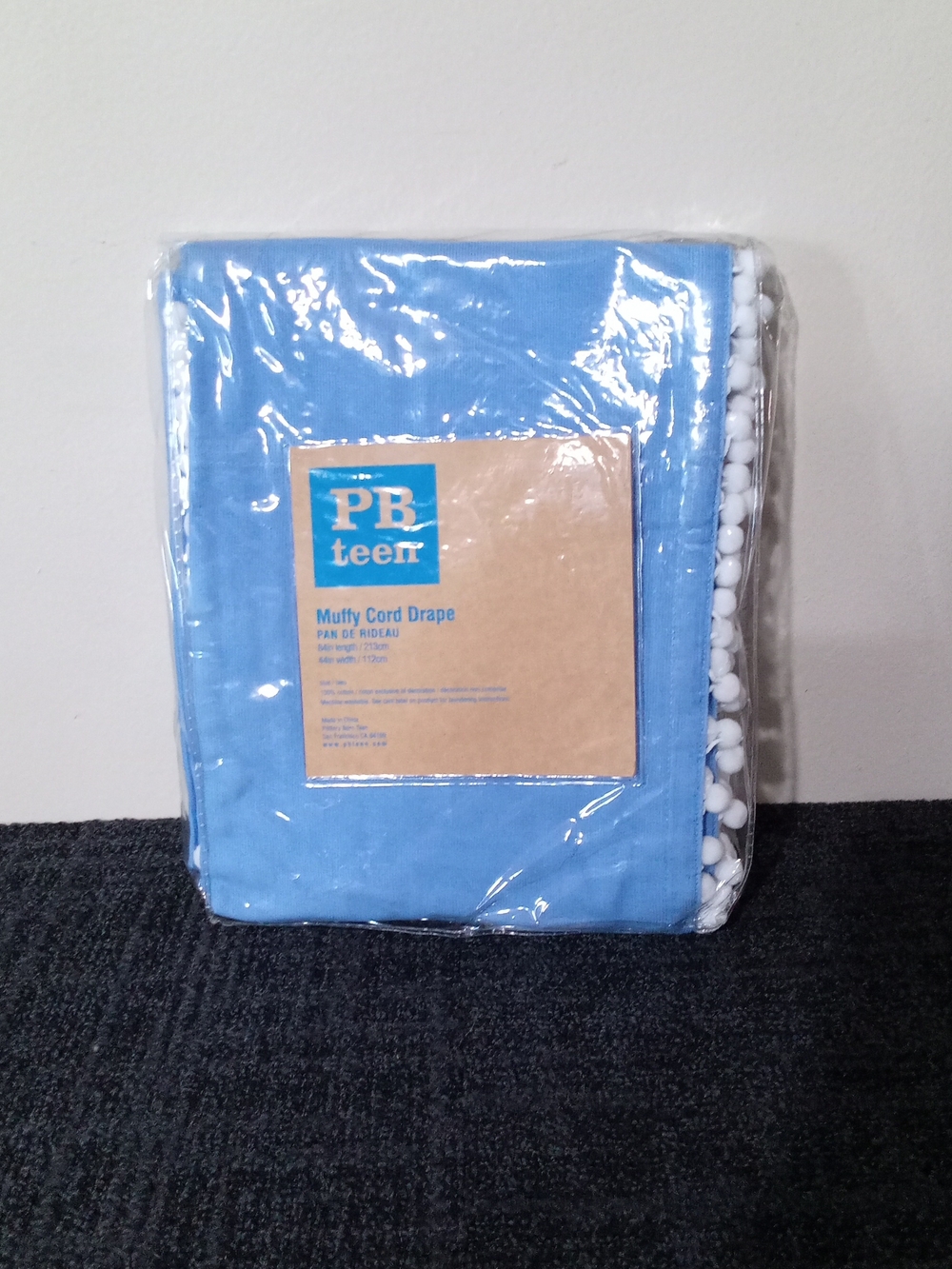 Pottery Barn Teen Sky Blue Muffy Cord Drape with White Pom Trim
